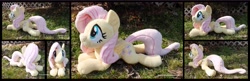Size: 5400x1754 | Tagged: safe, artist:peruserofpieces, imported from derpibooru, fluttershy, pegasus, pony, beanie (plushie), female, looking at you, lying down, mare, plushie, prone, smiling, smiling at you, solo, tree