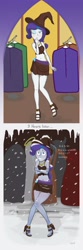 Size: 2000x6000 | Tagged: safe, artist:segiem-nemsen, imported from derpibooru, rarity, equestria girls, 2 panel comic, absurd resolution, bare shoulders, belly button, blowing a kiss, clothes, cold, comic, costume, crossed arms, feet, female, females only, fetish, frame, freezing, freezing fetish, gritted teeth, halloween, halloween costume, hat, high heels, high res, holiday, icicle, jewelry, leather skirt, legs, looking at you, midriff, one eye closed, reality ensues, sandals, shaking, shivering, shoes, short comic, skirt, snow, snowfall, solo, straps, wink, winking at you, winter, witch, witch hat
