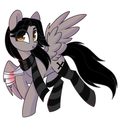 Size: 2018x2048 | Tagged: safe, artist:cloud-fly, imported from derpibooru, oc, oc only, pegasus, pony, bandage, bandaged wing, blood, broken wing, clothes, commission, eye clipping through hair, fangs, gerard way, hair over one eye, happy, male, my chemical romance, ponified, scarf, simple background, socks, solo, spread wings, stallion, striped socks, transparent background, wings, ych result