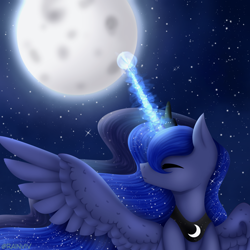 Size: 1500x1500 | Tagged: safe, artist:rainviv, imported from derpibooru, princess luna, alicorn, pony, ethereal mane, female, full moon, horn, jewelry, magic, magic aura, mare, moon, night, regalia, solo, spread wings, starry mane, starry night, wings