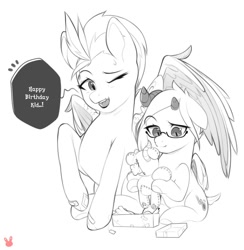 Size: 1280x1312 | Tagged: safe, artist:sugarelement, imported from derpibooru, lightning dust, oc, oc:red cherry, pegasus, pony, bandage, birthday, glasses, plushie, present, stuffed animals, stuffing, sweat, sweatdrop