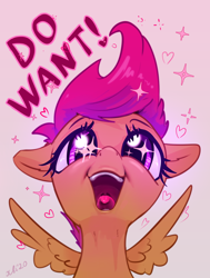 Size: 1322x1746 | Tagged: safe, alternate version, artist:xbi, imported from derpibooru, scootaloo, pegasus, pony, cute, cutealoo, daaaaaaaaaaaw, female, filly, gradient background, heart, infatuation, mare, solo, spread wings, starry eyes, text, tongue out, want, wingding eyes, wings