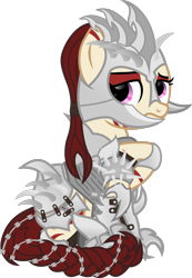 Size: 885x1279 | Tagged: safe, alternate version, artist:lincolnbrewsterfan, derpibooru exclusive, imported from derpibooru, oc, oc only, oc:rampage, earth pony, pony, fallout equestria, fallout equestria: project horizons, .svg available, armor, armored pony, fanfic art, prone, sad, shoulder touch, simple background, sitting, solo, svg, transparent background, vector, zebra stripes