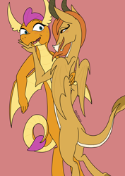 Size: 2480x3508 | Tagged: safe, artist:edwinn, artist:leeloo, imported from derpibooru, ocellus, smolder, changeling, dragon, blushing, disguise, disguised changeling, dragon ocellus, duo, female, lesbian, older, older ocellus, older smolder, seducing, seduction, shipping, smolcellus, species swap, transformation