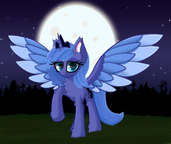 Size: 4500x3777 | Tagged: safe, artist:windy-pony, artist:windykirin, imported from derpibooru, princess luna, alicorn, pony, absurd resolution, colored wings, ear fluff, female, mare, moon, multicolored wings, night, raised hoof, s1 luna, solo, wings