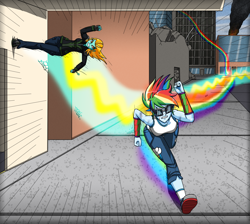 Size: 3600x3228 | Tagged: safe, artist:artemis-polara, imported from derpibooru, lightning dust, rainbow dash, equestria girls, burning, city, clothes, converse, damage, equestria girls-ified, fight, fire, geode of super speed, goggles, jacket, magical geodes, pants, shirt, shoes, wreckage