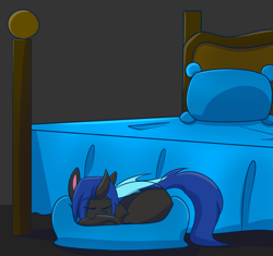 Size: 1456x1368 | Tagged: safe, artist:askhypnoswirl, imported from derpibooru, oc, oc only, oc:swift dawn, changeling, pony, bed, blue changeling, changeling oc, commission, cute, eyebrows, eyebrows visible through hair, eyes closed, male, pet, pet bed, pony pet, simple background, sleeping, smiling, solo, wings