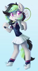 Size: 1954x3650 | Tagged: safe, artist:saxopi, imported from derpibooru, oc, oc only, oc:elli, earth pony, pony, semi-anthro, bipedal, clothes, racket, simple background, solo