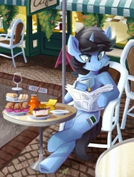 Size: 3102x4096 | Tagged: safe, artist:saxopi, imported from derpibooru, oc, oc only, oc:tinker doo, pony, unicorn, alcohol, cake, cake slice, chair, cookie, drinking, food, glass, high res, lipton's tea, muffin, newspaper, reading, solo, tea, umbrella, wine, wine glass