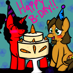 Size: 2048x2048 | Tagged: safe, artist:artmama113, imported from derpibooru, oc, oc only, earth pony, pony, unicorn, blushing, cake, earth pony oc, eyes closed, female, food, hair over one eye, happy birthday, hat, horn, male, mare, party hat, signature, smiling, stallion, unicorn oc