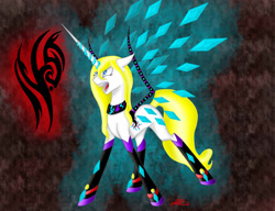 Size: 2000x1536 | Tagged: safe, artist:crystalcontemplator, imported from derpibooru, oc, oc only, pony, unicorn, artificial wings, augmented, choker, horn, mechanical wing, sharp teeth, solo, teeth, unicorn oc, wings