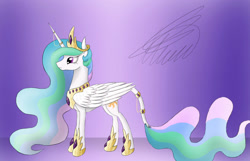Size: 1400x900 | Tagged: safe, artist:crystalcontemplator, imported from derpibooru, princess celestia, alicorn, pony, abstract background, female, hoof shoes, horn, horn jewelry, horn ring, jewelry, leonine tail, mare, peytral, ring, signature, solo, tail, tail ring, tiara