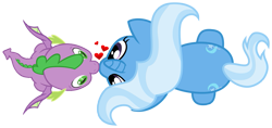Size: 945x446 | Tagged: safe, artist:lincolnbrewsterfan, hundreds of users filter this tag, imported from derpibooru, spike, trixie, dragon, pony, unicorn, both cutie marks, cutie mark, duo, female, heart, kissing, looking at each other, male, nocturnal vision's overhead ponies, overhead view, romance, shipping, show accurate, simple background, spixie, straight, transparent background, winged spike, wings