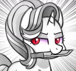 Size: 1673x1564 | Tagged: safe, artist:handgunboi, imported from derpibooru, starlight glimmer, pony, unicorn, vampire, evil, fangs, female, knife, looking at you, mare, menacing, monochrome, mouth hold, neo noir, partial color, red eyes, slit eyes, slit pupils