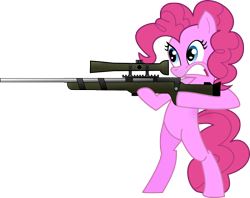 Size: 2006x1588 | Tagged: dead source, safe, artist:purple-whatever, imported from derpibooru, pinkie pie, earth pony, pony, bipedal, female, gun, juxtaposition bait, mare, optical sight, rifle, scope, simple background, solo, standing, standing on two hooves, transparent background, vector, weapon