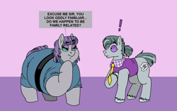 Size: 1544x974 | Tagged: safe, artist:monterrang, imported from derpibooru, maud pie, octavio pie, earth pony, pony, my little pony: pony life, brother and sister, colored sclera, duo, exclamation point, fat, female, g4.5, male, mare, maud pudge, obese, siblings, speech bubble, stallion