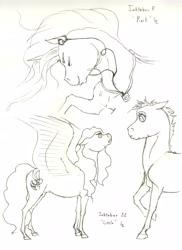 Size: 4709x6474 | Tagged: safe, artist:lady-limule, imported from derpibooru, oc, oc only, earth pony, pegasus, pony, earbuds, earth pony oc, grayscale, inktober 2016, lineart, monochrome, pegasus oc, raised hoof, traditional art, wings