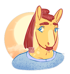 Size: 1728x1842 | Tagged: safe, artist:b11ss, imported from derpibooru, oc, oc only, oc:golden hoof, anthro, earth pony, beard, bust, clothes, facial hair, goatee, male, no pupils, ponytail, portrait, shirt, simple background, solo, stallion, sunset, transparent background
