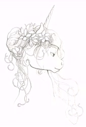 Size: 9116x13424 | Tagged: safe, artist:lady-limule, imported from derpibooru, oc, oc only, oc:starry dreams, pony, unicorn, bust, flower, flower in hair, grayscale, horn, lineart, monochrome, traditional art, unicorn oc