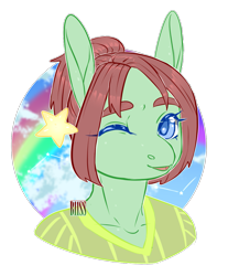 Size: 1227x1482 | Tagged: safe, artist:b11ss, imported from derpibooru, oc, oc only, anthro, bust, cloud, colored pupils, cute, male, one eye closed, open mouth, outdoors, ponytail, rainbow, simple background, smiling, solo, stars, transparent background, watermark, wink