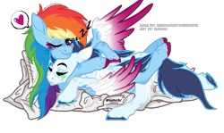 Size: 645x385 | Tagged: safe, artist:rainviv, imported from derpibooru, rainbow dash, soarin', pegasus, pony, base used, cuddling, duo, female, male, mare, pillow, redesign, shipping, simple background, sleeping, snuggling, soarindash, stallion, straight, transparent background