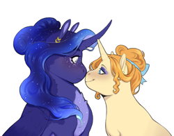 Size: 1500x1176 | Tagged: safe, artist:celeriven, imported from derpibooru, princess luna, pumpkin cake, alicorn, pony, unicorn, female, frown, lesbian, looking at each other, mare, older, older pumpkin cake, pumpkinluna, redraw, shipping, simple background, smiling, white background