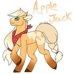 Size: 2690x2730 | Tagged: safe, artist:articfoxdraws, imported from derpibooru, applejack, earth pony, pony, alternate hairstyle, bandana, female, freckles, grin, mare, markings, missing cutie mark, raised hoof, raised leg, redesign, simple background, smiling, solo, transparent background, unshorn fetlocks