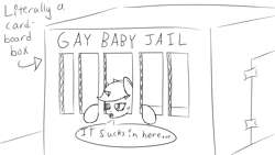 Size: 1920x1080 | Tagged: safe, artist:spritepony, imported from derpibooru, oc, oc only, oc:sprite, alicorn, pony, alicorn oc, box, cardboard box, complaining, gay baby jail, horn, jail, lineart, sketch, speech bubble, talking, unamused, wings