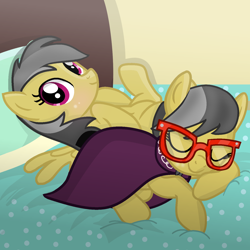 Size: 1456x1456 | Tagged: safe, artist:grapefruitface1, imported from derpibooru, a.k. yearling, daring do, pegasus, pony, base used, bed, blushing, cloak, clothes, cute, daring dorable, duality, eyes closed, glasses, looking at you, pillow, self ponidox, show accurate, sleeping, smiling