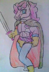 Size: 1200x1739 | Tagged: safe, artist:midday sun, imported from derpibooru, pinkie pie, anthro, earth pony, alternate hairstyle, armor, belt, belts, boots, cape, clothes, gloves, hoers, knight, shoes, solo, sword, tights, traditional art, weapon, words worth