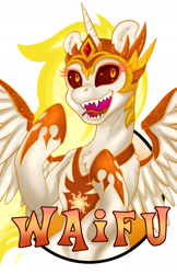 Size: 1237x1912 | Tagged: safe, artist:halley-valentine, artist:hobbes-maxwell, imported from derpibooru, daybreaker, alicorn, pony, badge, evil grin, grin, simple background, smiling, solo, waifu, waifu badge, white background