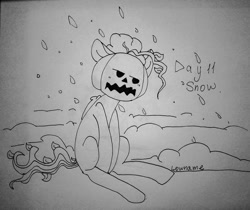 Size: 1080x906 | Tagged: safe, artist:lowname, imported from derpibooru, pinkie pie, earth pony, pony, female, grayscale, inktober, inktober 2019, lineart, mare, mask, monochrome, pumpkin, pumpkin head, signature, sitting, snow, solo, traditional art