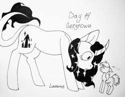 Size: 1080x837 | Tagged: safe, artist:lowname, imported from derpibooru, oc, oc only, earth pony, pony, unicorn, ..., duo, earth pony oc, ethereal mane, eyes closed, giant pony, grayscale, horn, inktober, inktober 2019, leonine tail, lineart, looking down, macro, monochrome, signature, starry mane, traditional art, unicorn oc, wide eyes