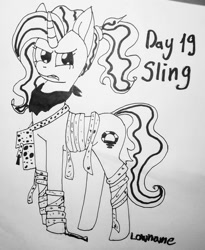 Size: 1080x1318 | Tagged: safe, artist:lowname, imported from derpibooru, luster dawn, pony, unicorn, clothes, female, frown, grayscale, inktober, inktober 2019, lineart, mare, monochrome, scarf, signature, solo, traditional art