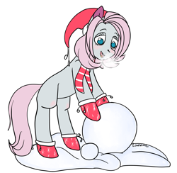 Size: 1313x1279 | Tagged: safe, artist:lowname, imported from derpibooru, oc, oc only, earth pony, pony, blushing, christmas, clothes, commission, earth pony oc, gloves, hat, holiday, santa hat, scarf, signature, smiling, snow, snowball, solo, traditional art, ych result