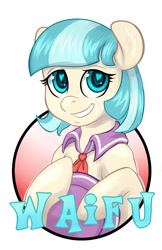 Size: 825x1275 | Tagged: safe, artist:halley-valentine, artist:hobbes-maxwell, imported from derpibooru, coco pommel, earth pony, pony, accessories, accessory, badge, cocobetes, cute, female, hat, heart eyes, neckerchief, simple background, solo, waifu, waifu badge, white background, wingding eyes