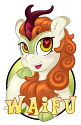 Size: 825x1275 | Tagged: safe, artist:halley-valentine, artist:hobbes-maxwell, imported from derpibooru, autumn blaze, kirin, badge, blushing, female, heart eyes, simple background, solo, waifu, waifu badge, white background, wingding eyes