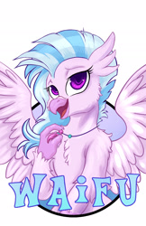 Size: 1237x1912 | Tagged: safe, artist:halley-valentine, artist:hobbes-maxwell, imported from derpibooru, silverstream, hippogriff, badge, female, simple background, solo, waifu, waifu badge, white background