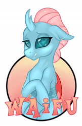 Size: 1237x1912 | Tagged: safe, artist:halley-valentine, artist:hobbes-maxwell, imported from derpibooru, ocellus, changedling, changeling, badge, female, heart eyes, simple background, smiling, solo, waifu, waifu badge, white background, wingding eyes