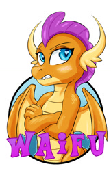 Size: 825x1275 | Tagged: safe, artist:halley-valentine, artist:hobbes-maxwell, imported from derpibooru, smolder, dragon, badge, crossed arms, female, heart eyes, simple background, solo, waifu, waifu badge, white background, wingding eyes