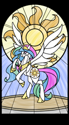 Size: 1200x2160 | Tagged: safe, artist:harwick, artist:lampknapp, imported from derpibooru, princess celestia, alicorn, pony, female, mare, rearing, solo, stained glass
