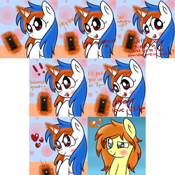 Size: 3004x3004 | Tagged: safe, artist:mayleebell24, imported from derpibooru, oc, oc:firefox, oc:safari, earth pony, pony, unicorn, ask-safaripony, blushing, browser ponies, cellphone, female, heart, lesbian, magic, phone, shipping