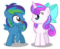 Size: 1280x1040 | Tagged: safe, artist:aleximusprime, imported from derpibooru, princess flurry heart, oc, oc:storm streak, flurry heart's story, bow, children, colt, female, filly, filly flurry heart, kids, looking at each other, male, male and female, offspring, older, older flurry heart, parent:oc:thunderhead, parent:rainbow dash, parents:canon x oc, simple background, transparent background