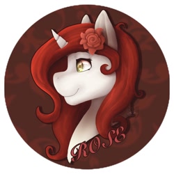 Size: 1500x1500 | Tagged: safe, artist:sursiq, imported from derpibooru, oc, oc only, pony, unicorn, bust, circle background, eyes open, flower, green eyes, horn, lineless, name, portrait, profile, red hair, red mane, rose, solo, unicorn oc