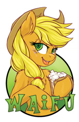 Size: 825x1275 | Tagged: safe, artist:halley-valentine, artist:hobbes-maxwell, imported from derpibooru, applejack, earth pony, pony, badge, cider, female, heart eyes, simple background, solo, waifu, waifu badge, white background, wingding eyes