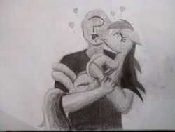 Size: 2560x1920 | Tagged: safe, artist:anonymous, rainbow dash, oc, oc:anon, human, pegasus, pony, /mlp/, carrying, ex waifu ex machina, eyes closed, heart, kiss on the cheek, kissing, traditional art