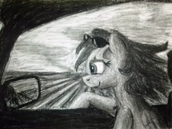 Size: 2877x2169 | Tagged: safe, artist:anonymous, rainbow dash, pegasus, pony, /mlp/, car, charcoal drawing, ex waifu ex machina, looking out the window, smiling, solo, sunglasses, traditional art, window, windswept mane