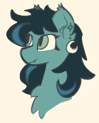 Size: 550x688 | Tagged: safe, artist:aripegio del mandolino, oc, oc only, oc:chamomile, bat pony, pony, bust, chest fluff, ear piercing, earring, female, jewelry, mare, piercing, simple background, slit eyes, solo