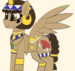 Size: 1145x1080 | Tagged: safe, artist:aripegio del mandolino, oc, oc only, pegasus, pony, braided tail, ear piercing, earring, egyptian pony, female, jewelry, makeup, mare, piercing, simple background, solo, spread wings, wings