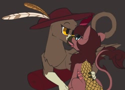 Size: 1744x1258 | Tagged: safe, artist:aripegio del mandolino, oc, oc only, oc:aripegio del mandolino, griffon, kirin, black background, blushing, feathered hat, female, glasses, horn, kissing, mare, oc x oc, open mouth, scar, shipping, simple background, tongue out, wings